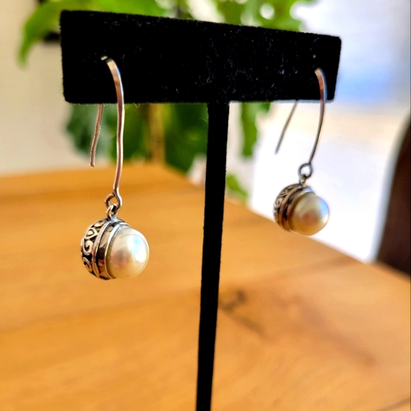 Genuine Cultured Pearl 925 Dangly Filigree Earrings - Picture 4 of 10